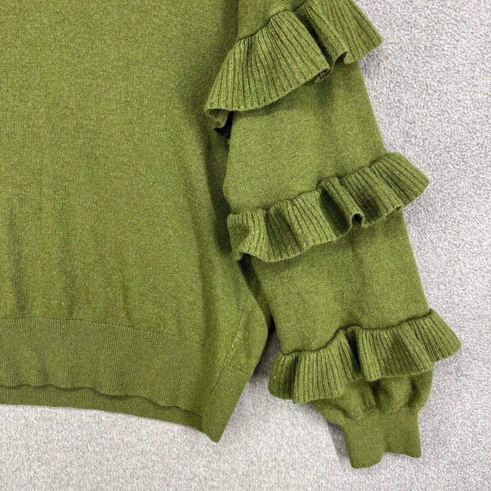 J.Crew Ruffle Sleeve Sweater Womens Large Green Wool Blend Tiered Knit Pullover - Picture 7 of 15